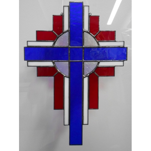 Stained Glass Cross Suncatcher Red, White, and Blue #124