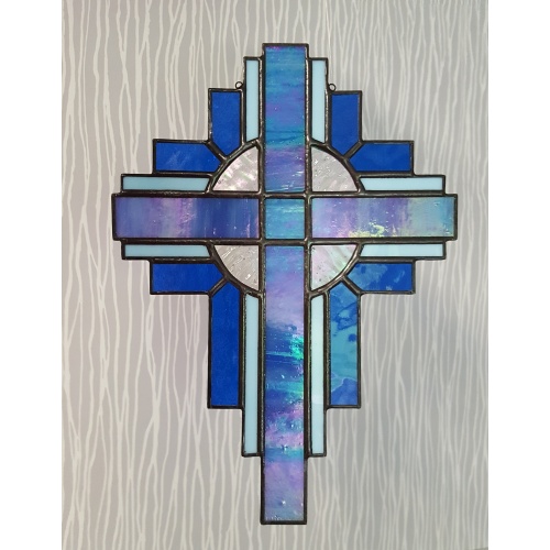 Stained Glass Cross Suncatcher, Iridized Blue #104